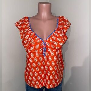 J. Crew Ruffle V-neck top in classic block print